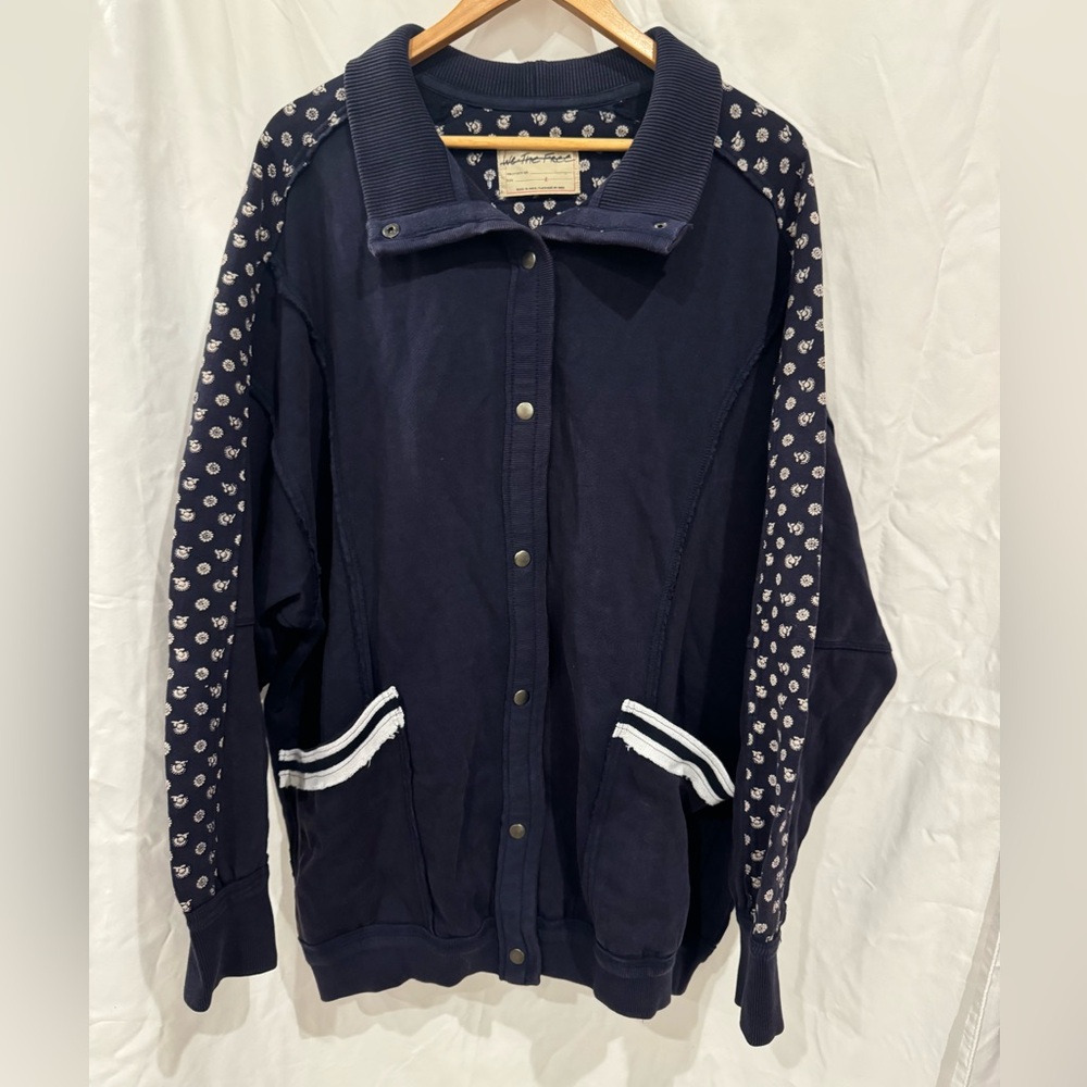 Free People Heritage Track Jacket Blue Women’s Large Preppy Oversized - Picture 2 of 7